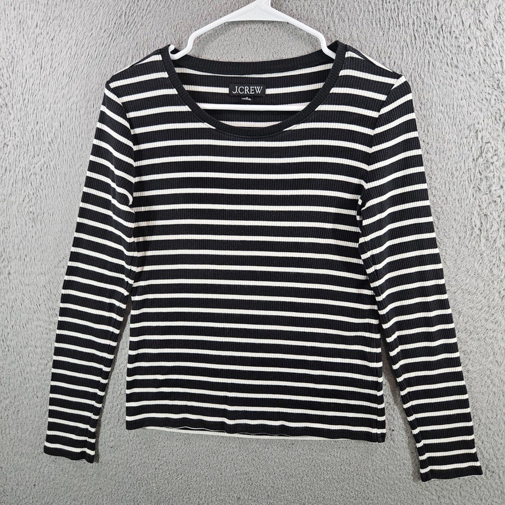 J.Crew Womens Ribbed Striped Long Sleeve Scoop Neck Top Black White Size M
